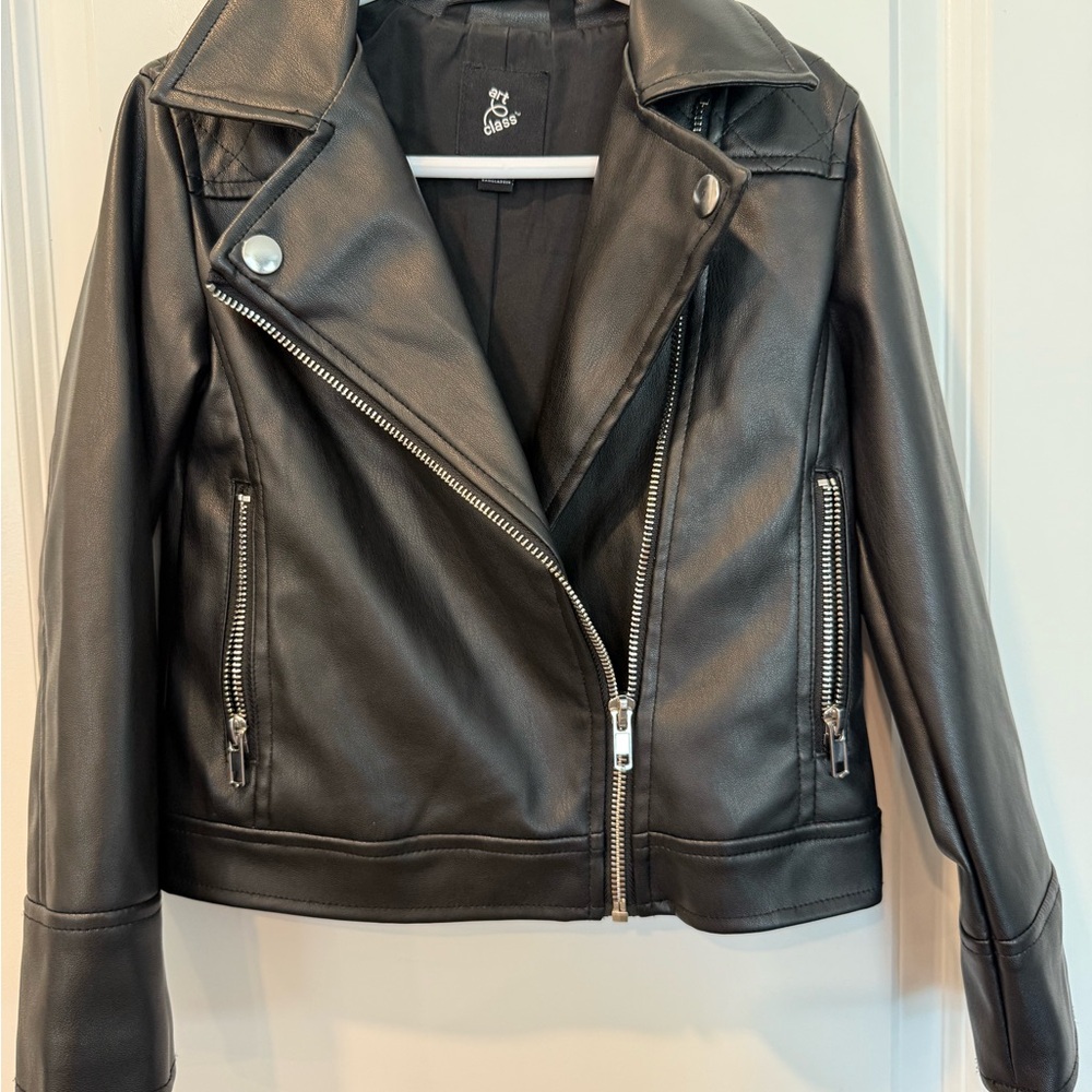 Art Class Black Leather Moto Jacket with Wide Lapel